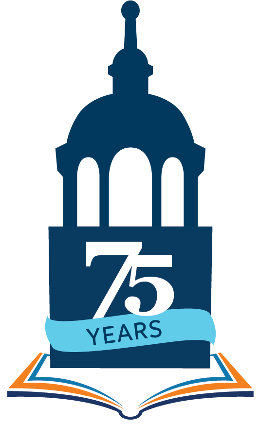 The Bertrand Library clock tower logo with the words, "75 years of the Ellen Clarke Bertrand Library, 1951-2026"